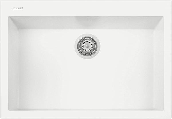 ZUHNE Pure White Under Mount or Drop-In Single Kitchen Sink With Drain Strainer, Made in Italy