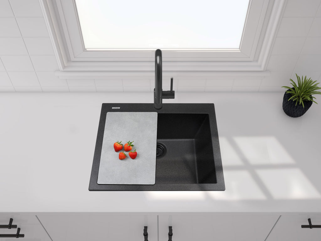 ZUHNE Black Granite Under Mount or Drop-In Single Kitchen Sink With Drain Strainer, Made in Italy (22x20)