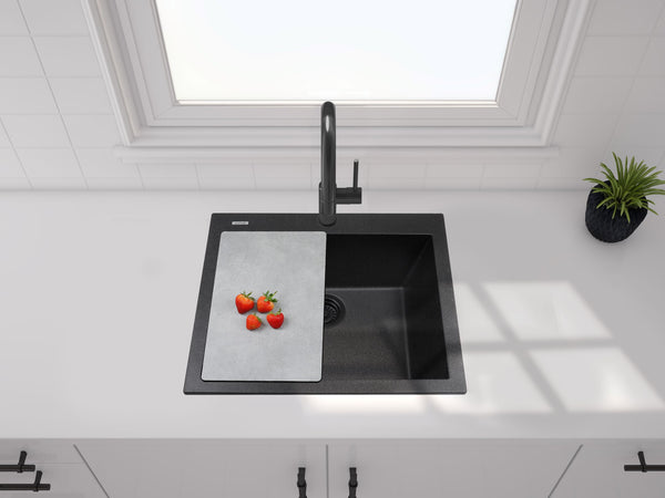ZUHNE Black Granite Under Mount or Drop-In Single Kitchen Sink With Drain Strainer, Made in Italy (22x20)