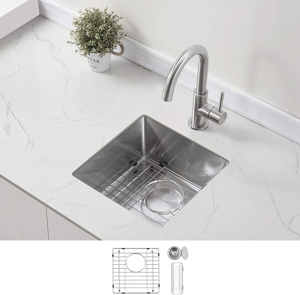ZUHNE 16-Gauge Stainless Steel Undermount Kitchen Sink with Commercial Grade Sound Guard, Brushed Finish and Sloped Bottom (16 by 16 Inch Bar Sink)