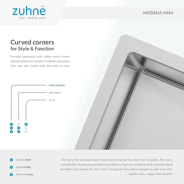 Zuhne 440 x 440 mm Stainless Steel Single Bowl Kitchen Sink for Flush, Inset or Under Mount Installation