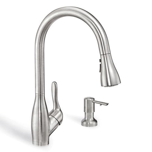 ZUHNE Wica Pull Down Water Saving Single Lever High Arc Kitchen Sprayer Mixer Faucet and Through Counter Soap Dispenser, Spot Resist Stainless (Made in Europe)