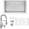ZUHNE Prato 33 Inch Farm Apron Sink Set + Made in Europe Flux Pull Out Industrial Spring Sprayer Faucet and Through Counter Soap Dispenser