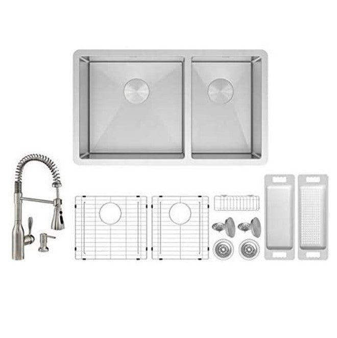ZUHNE Roma 32 Inch 16G Stainless 60/40 Double Bowl Under Mount Sink W. Grid Protector, Caddy, Colander, Strainer and Flux Pull Out Kitchen Faucet + Through Counter Soap Dispenser Set
