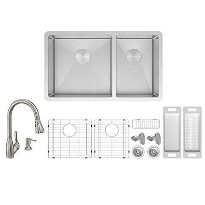 ZUHNE Roma 32 Inch 16G Stainless 60/40 Double Bowl Under Mount Sink W. Grate Protector, Caddy, Colander, Strainer and Wica Pull Out Kitchen Faucet + Through Counter Soap Dispenser Set