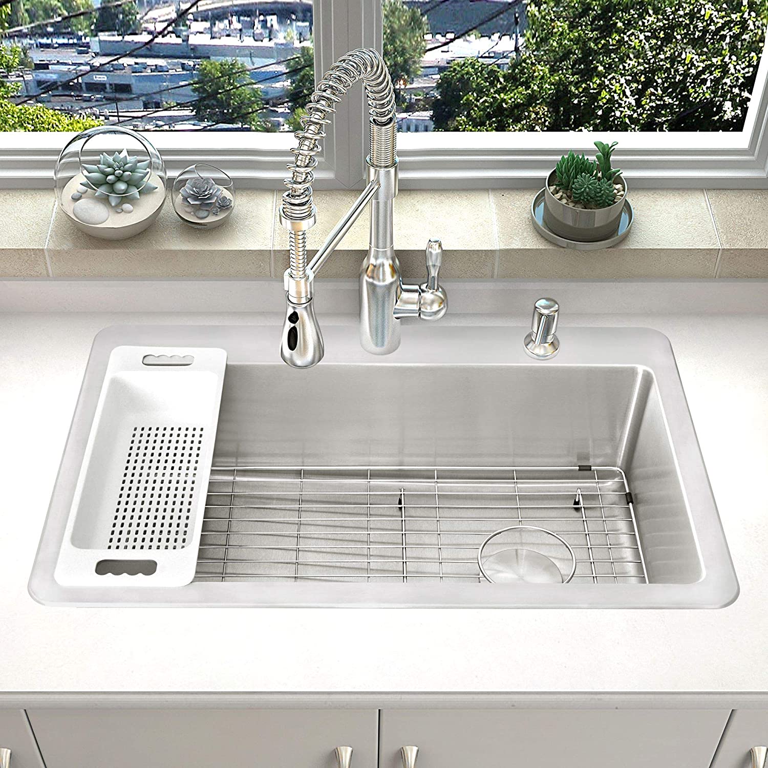 Zuhne Offset Drain Kitchen Sink 16 Gauge Stainless Steel (33” by 22” D